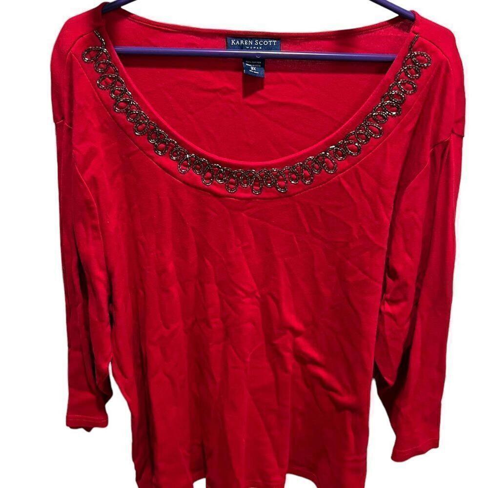 Karen Scott red knit‎ scoop neck top with smoky grey beading around neck 3X